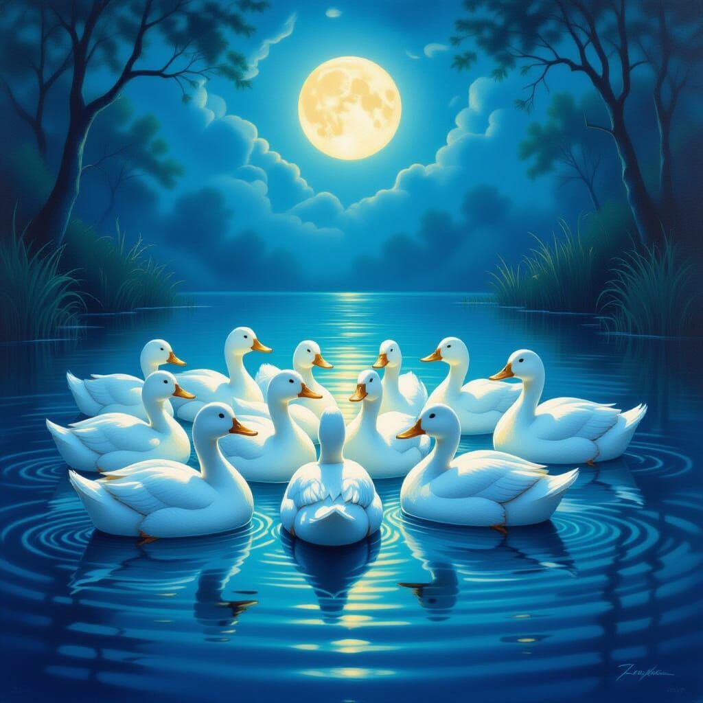 Ethereal Glowing Ducks on Moonlit Pond Oil Painting