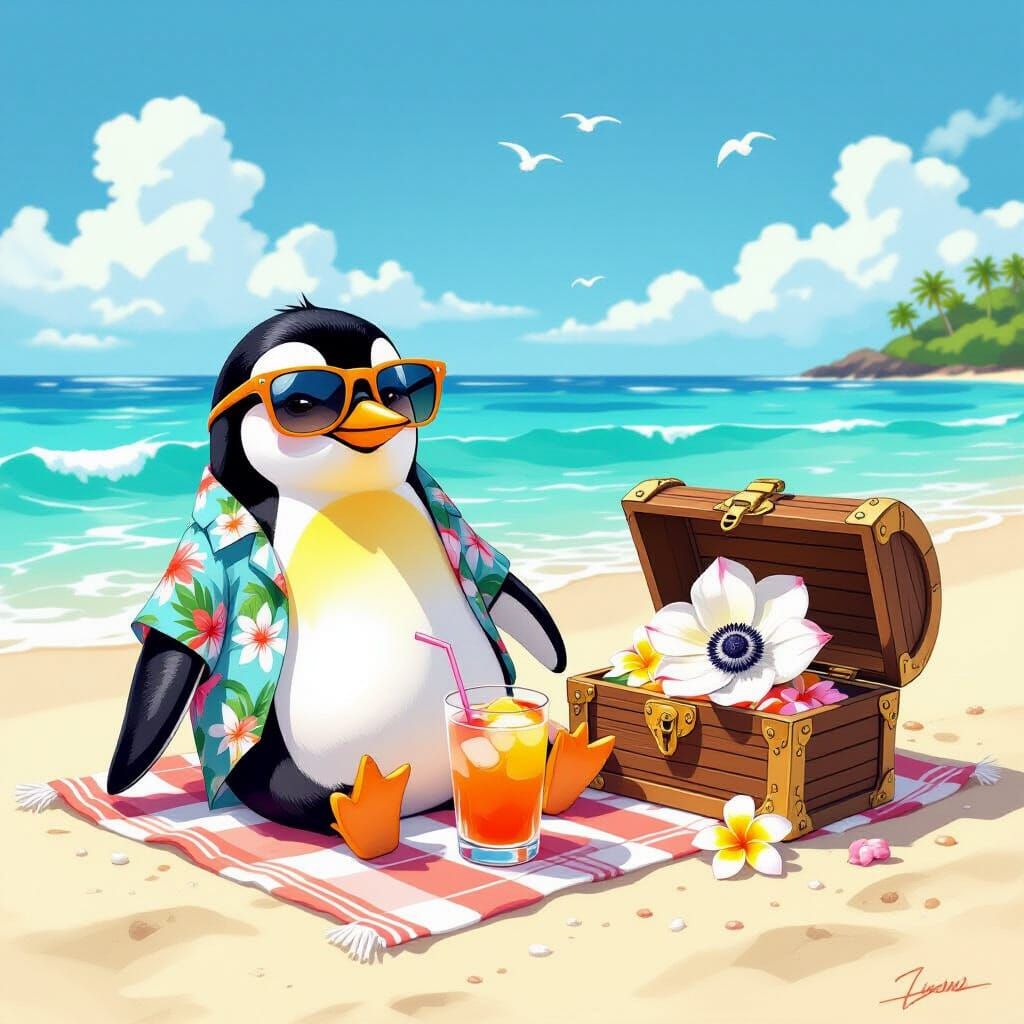 Penguin Lounging on Beach in Storybook Style