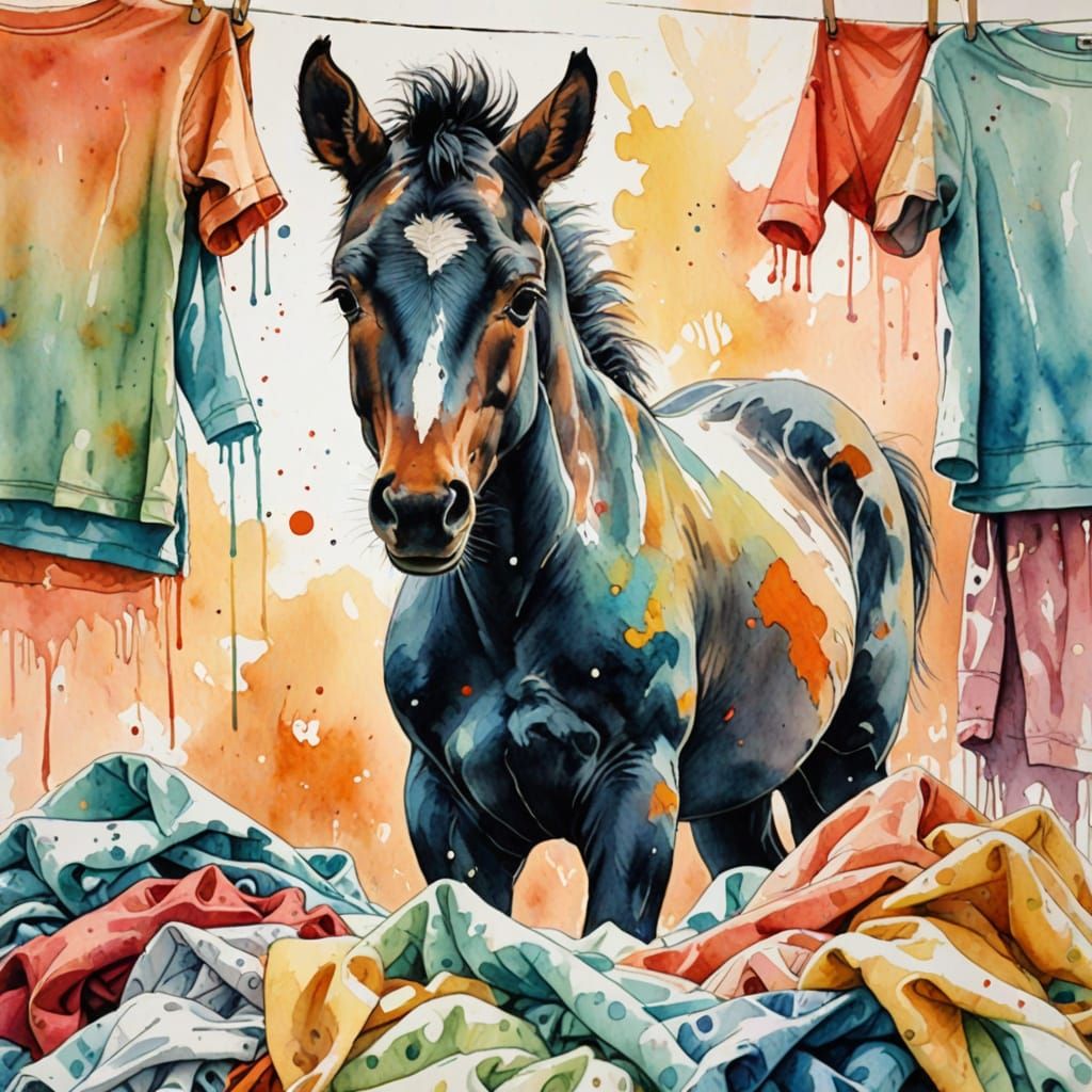 Foal's Laundry Day: Whimsical Watercolor Drawing