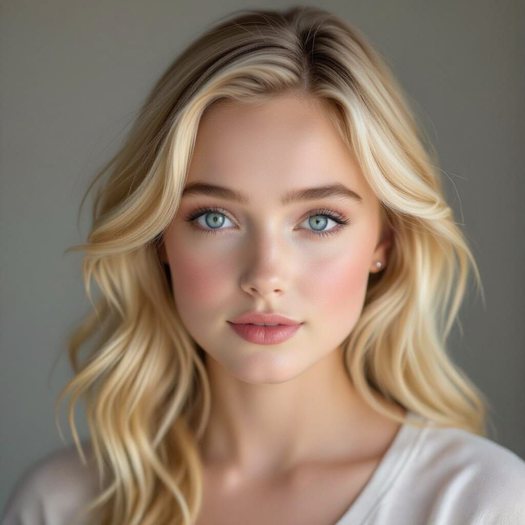 Dakota Fanning Studio Portrait with Blonde Hair and Blue Eye...