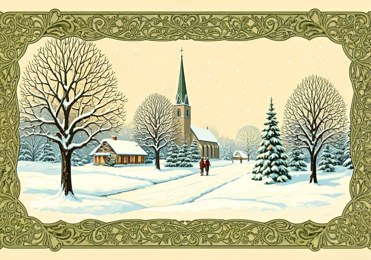 Classic Winter Holiday Art in Art Nouveau Style
