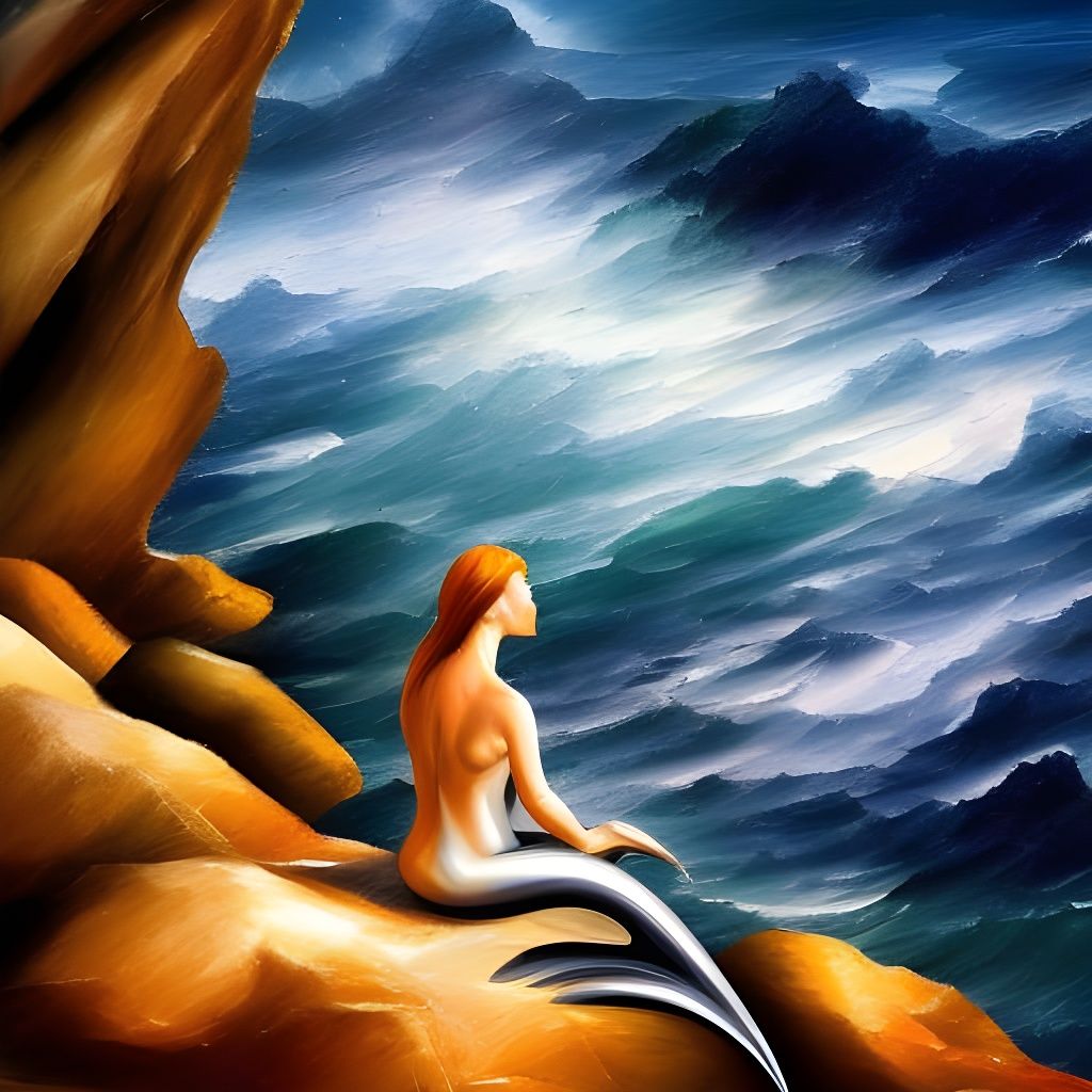 Silver Mermaid on Rocky Seashore in Acrylic Art Style