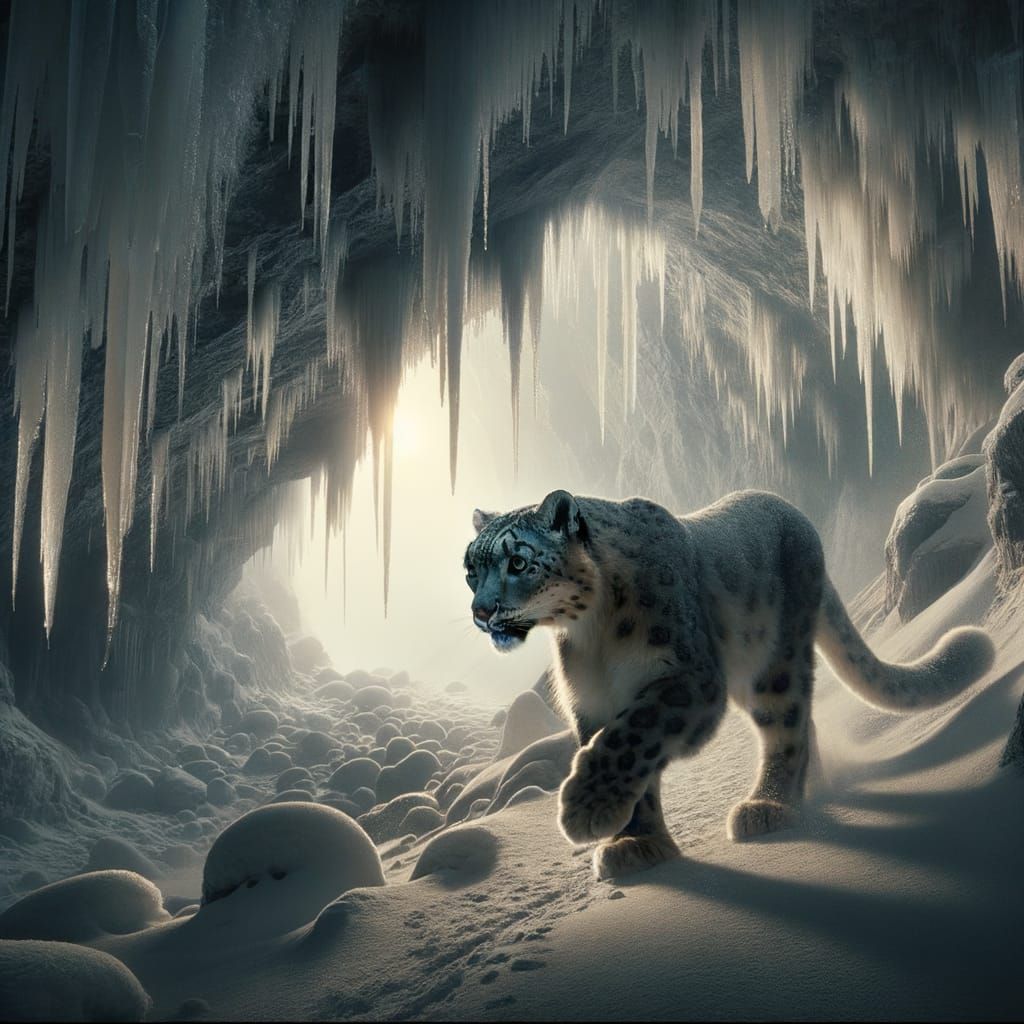 Snow Leopard in Glacial Cave with Chandelier Icicles