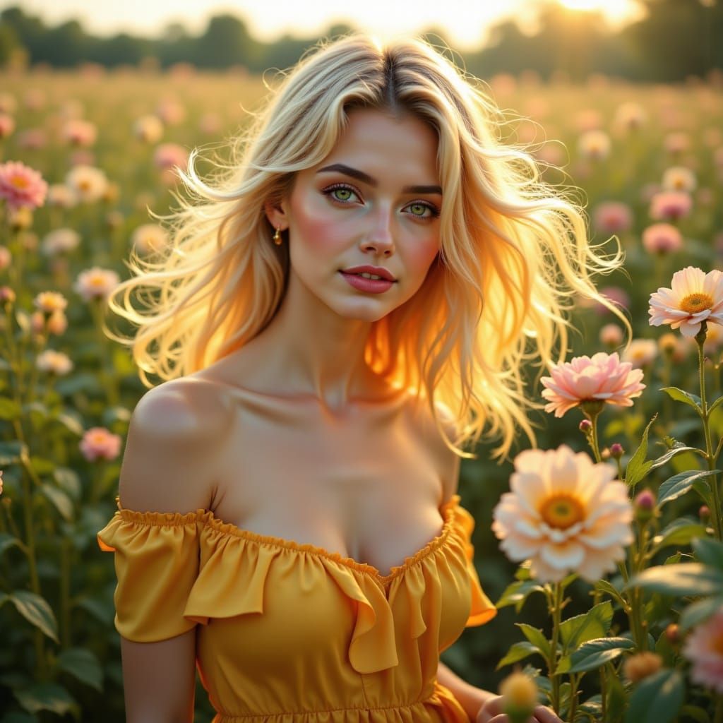A young woman with flowing blonde hair, standing amidst bloo...