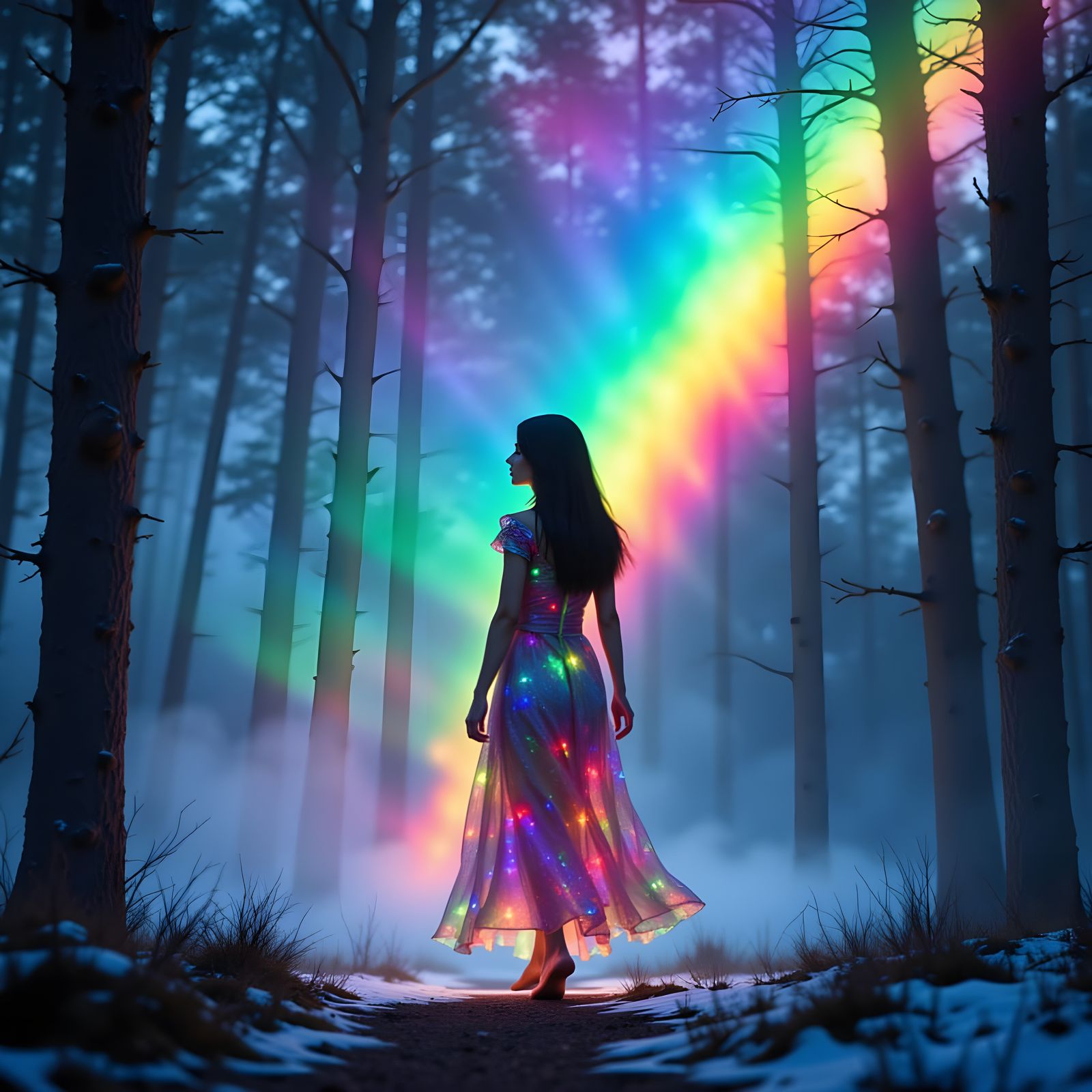 Maiden on Vibrant Rainbow Under Nordic Lights