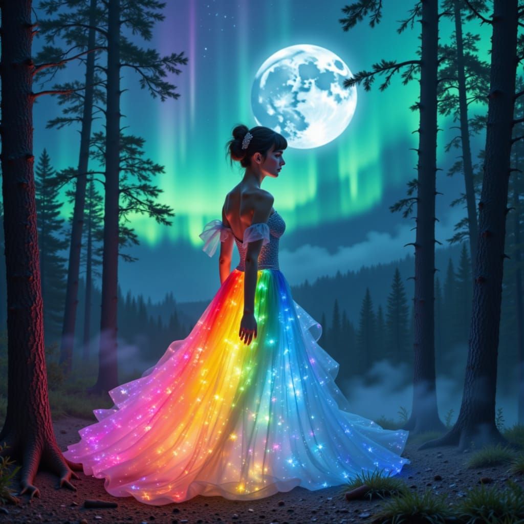 Maiden in Nordic Lights Dress on Rainbow Path