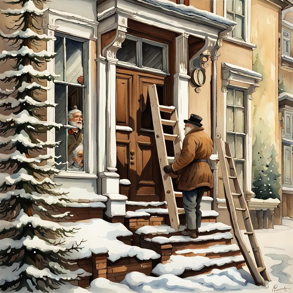 Festive Winter Scene: Old Man with Ladder