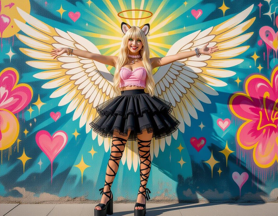 Tiger-Eared Woman in Angelic Graffiti Art