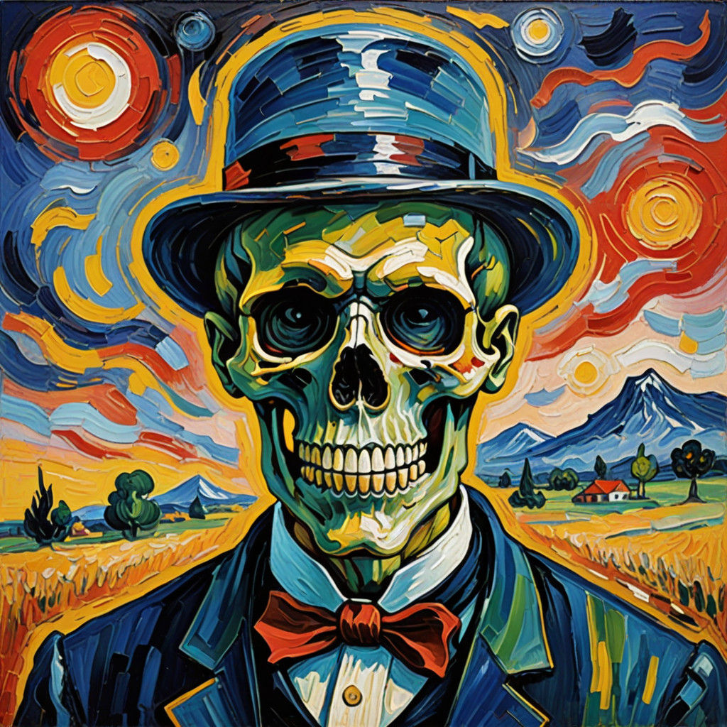Dandy Skull in Vibrant Neo-Impressionist Oil Painting
