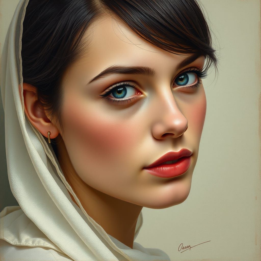 Ethereal Oval Face with Long Dark Hair and Piercing Blue Eye...