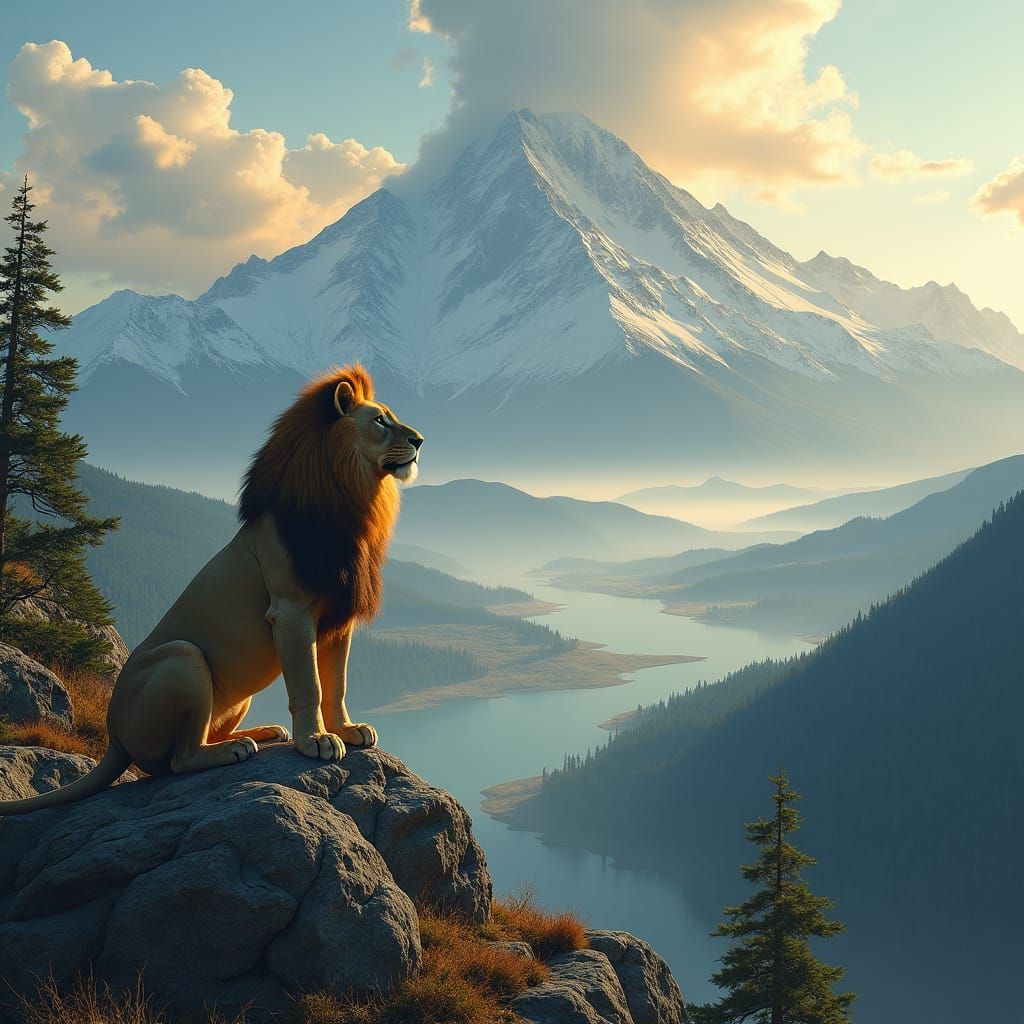 Majestic Lion Overlooking Wilderness Landscape