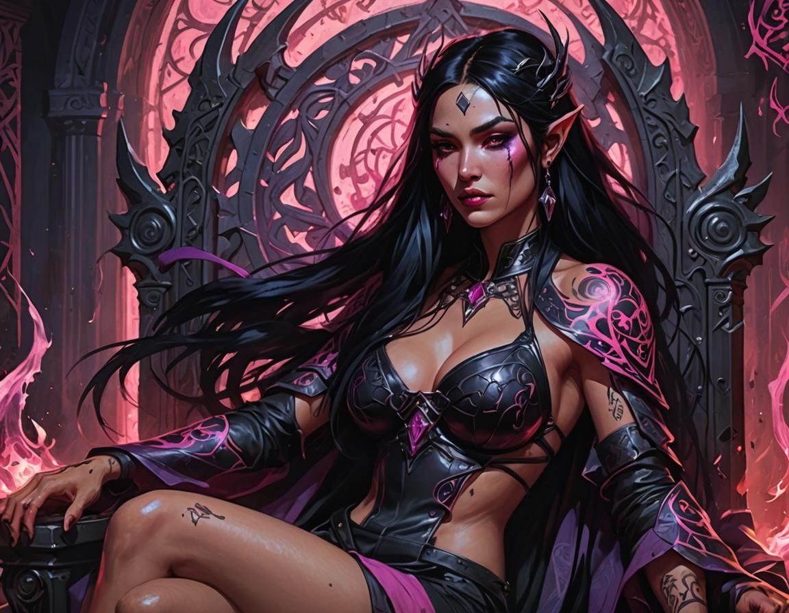 Dark Fantasy Woman on Throne in Art Nouveau Style