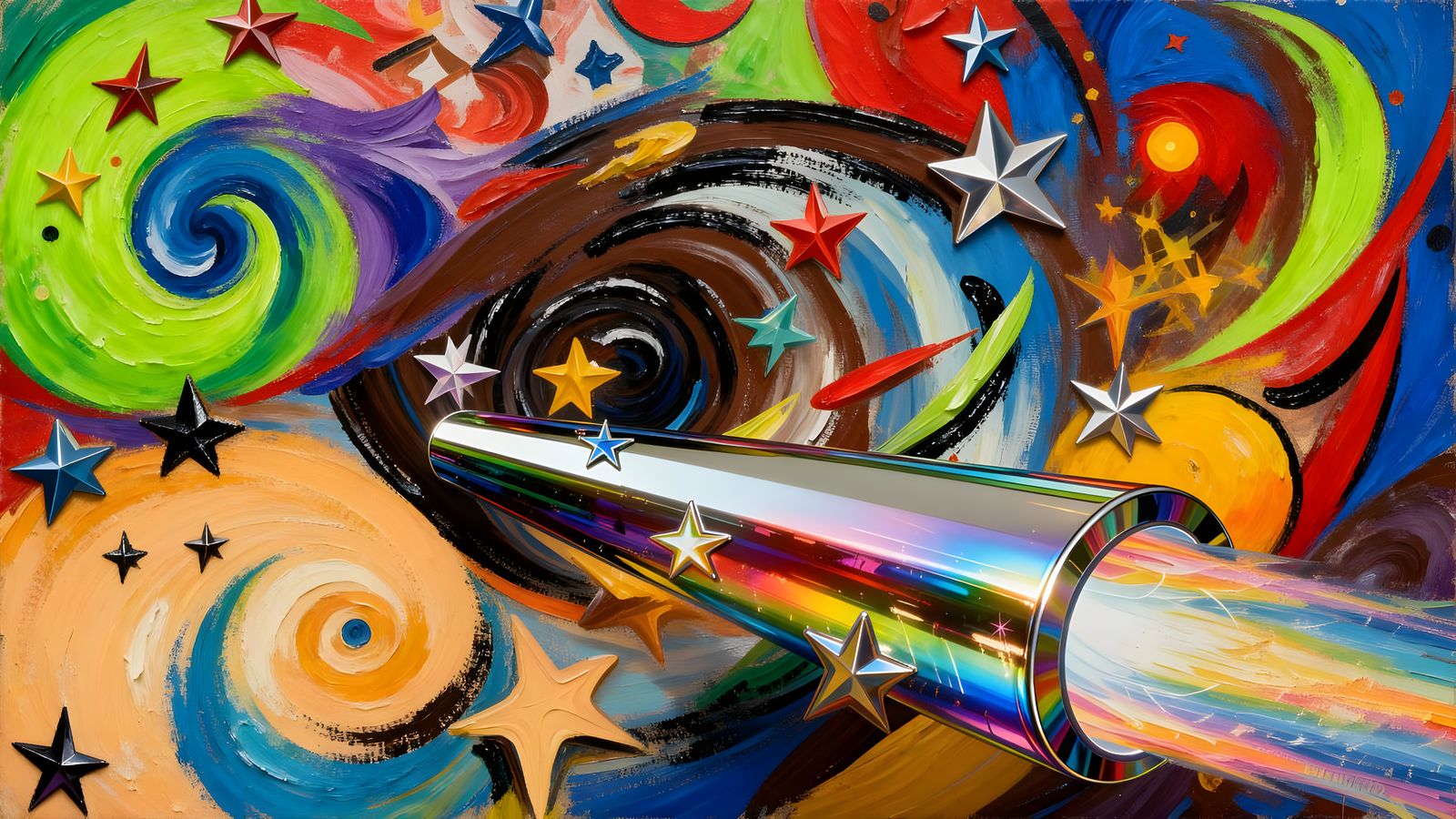 Rainbow Enamel Cylinder with Vortex Exhaust in Impasto Style