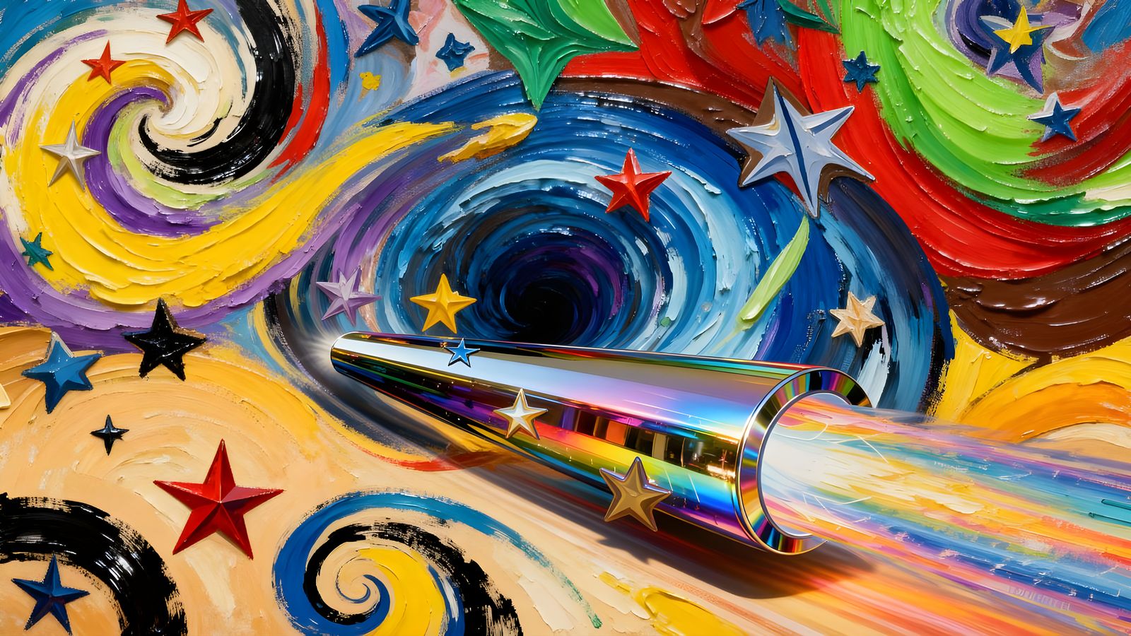 Sleek Rainbow Cylinder with Vivid Impasto Paint Vortex