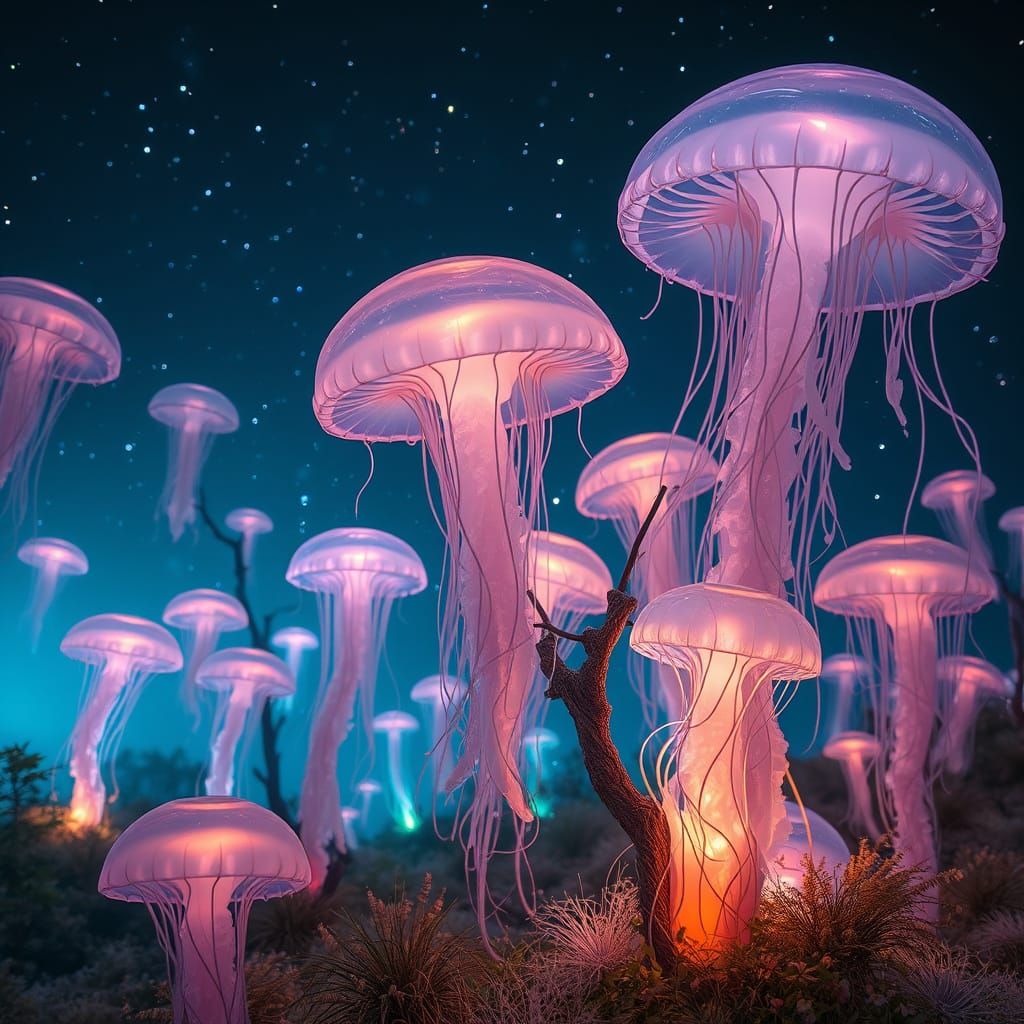 Luminous Jellyfish Tree Forest Under Starry Night Sky