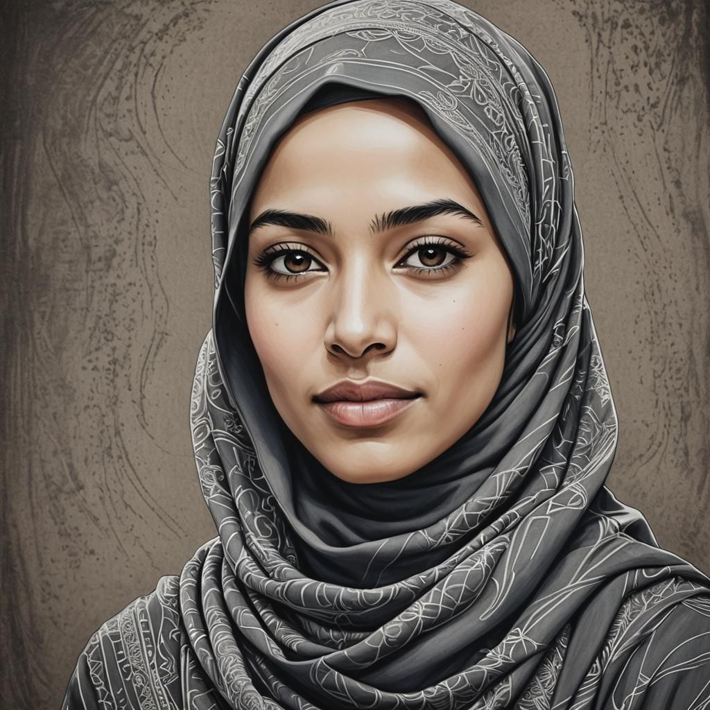 Minimalist Charcoal Line Drawing of Woman in Hijab