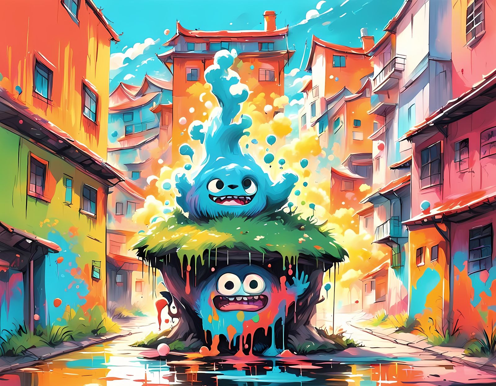 Vibrant Whimsical Landscape with Ghibli-Inspired Scream-Like...