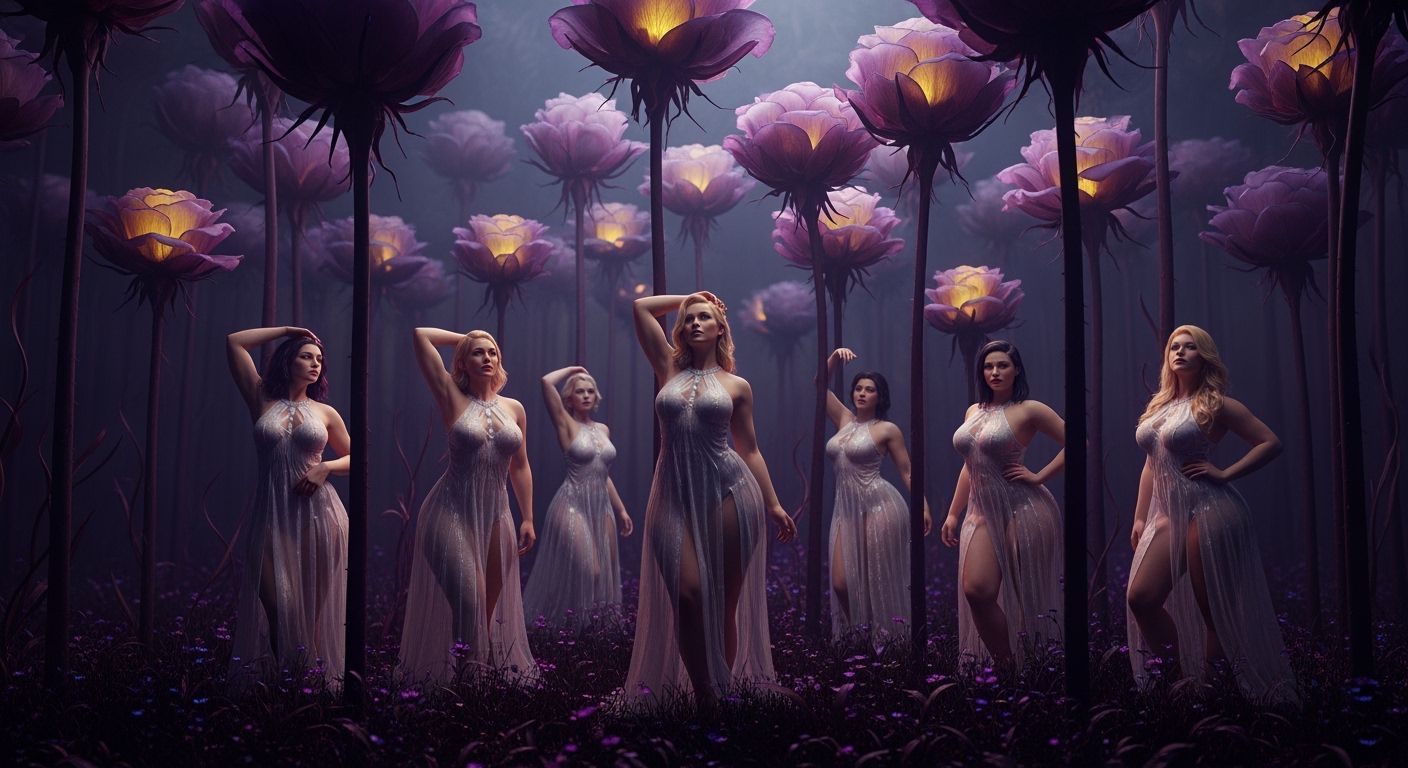 Curvy Women in Alien Rose Field: Dark Fantasy Art