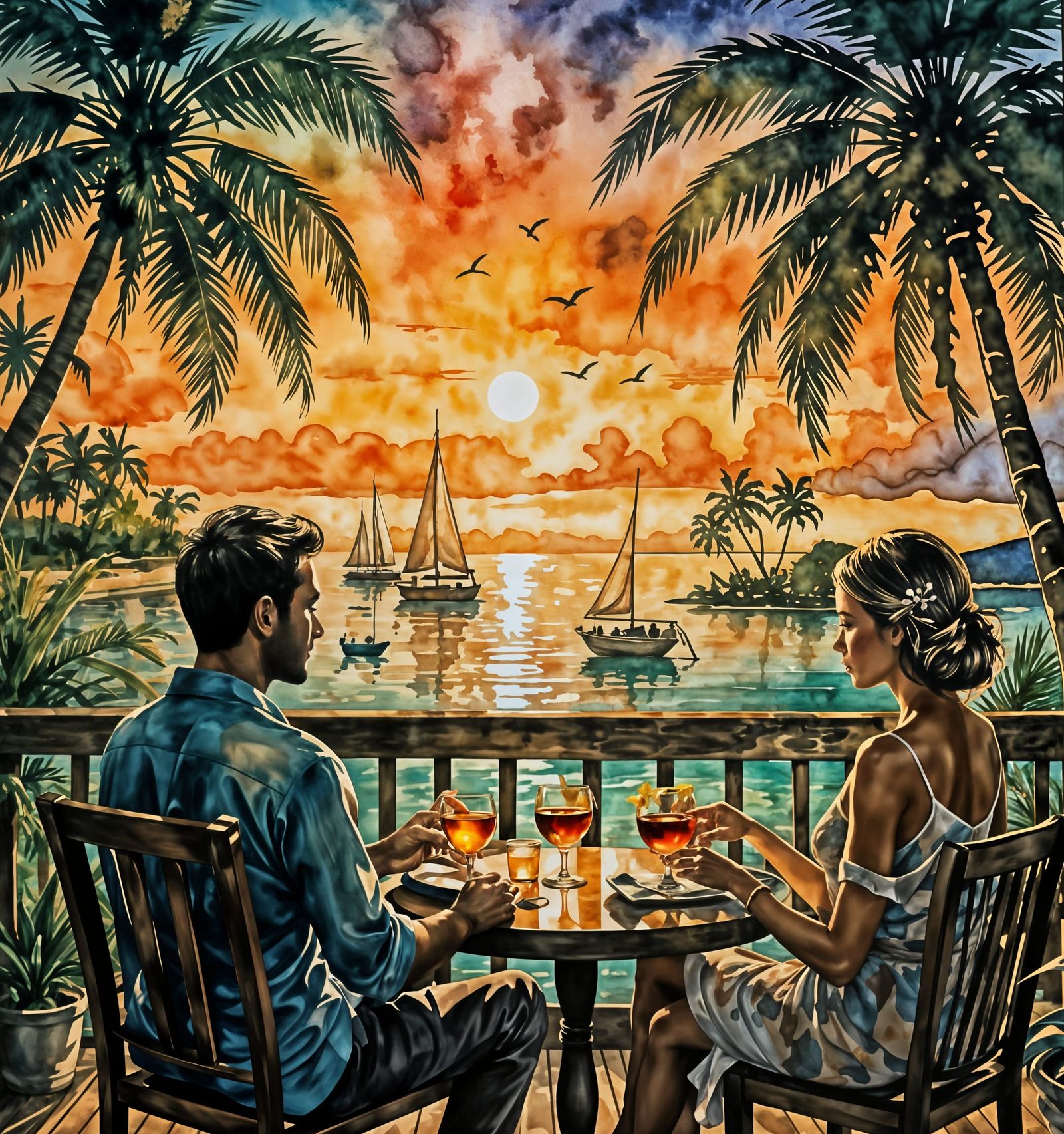Dreamy Tropical Sunset in Watercolor and Alcohol Ink