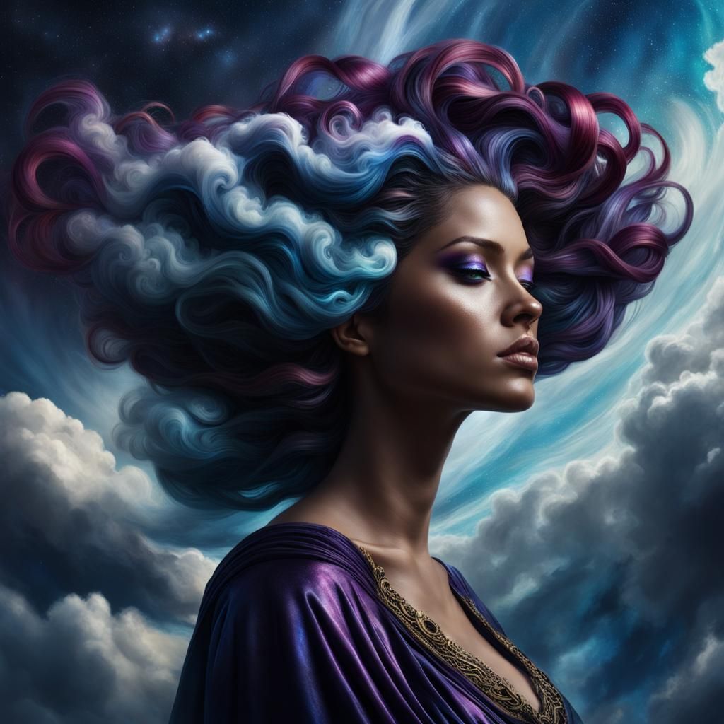 Fantasy Sky Queen with Cloud Hair in Galaxy Colors