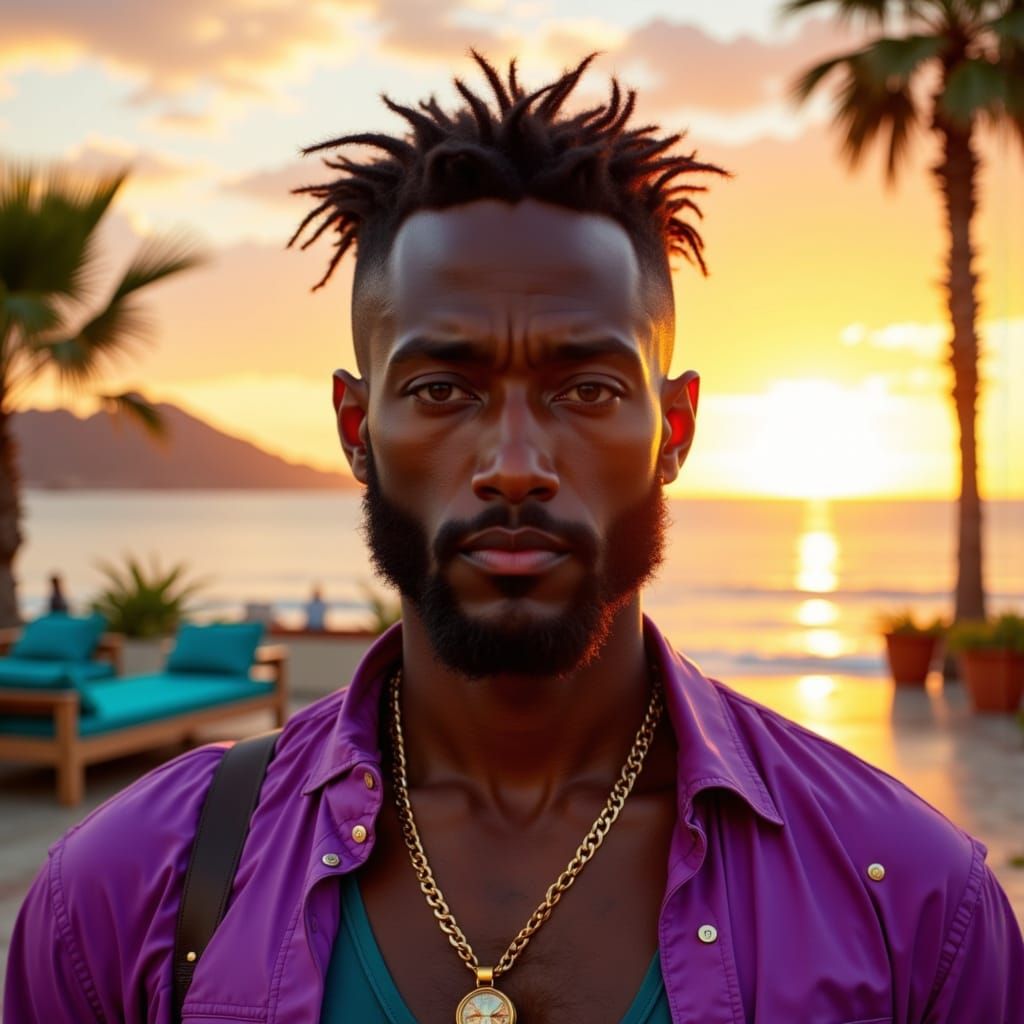 frontal view, distinctive face and 
expressive look, full body, 32k, bib strap, jamaican masculine man enjoying the sun ...