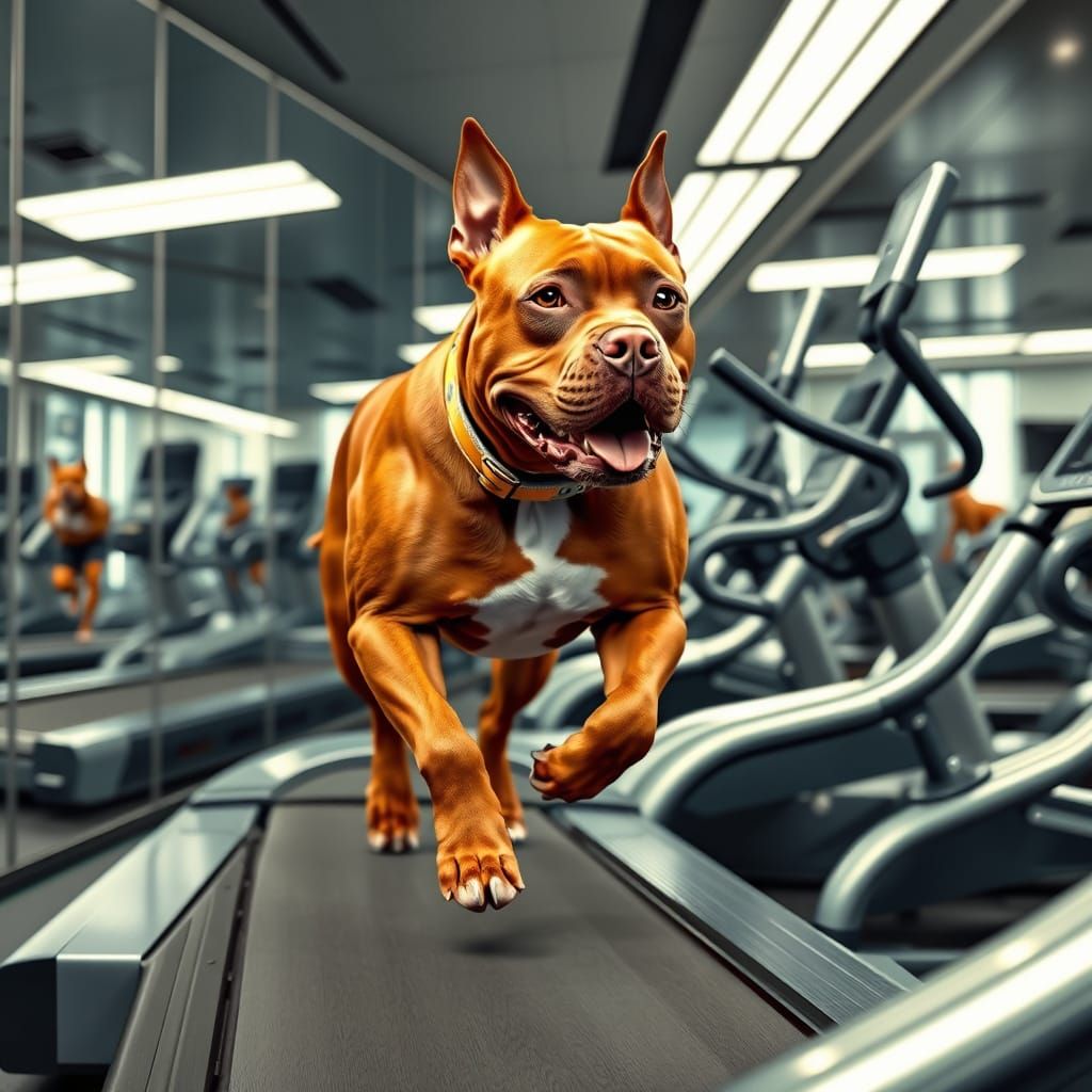 Red Pitbull dog working out in a gym running on a treadmill