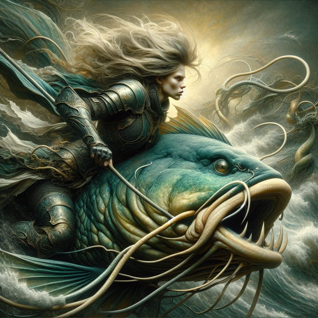 Hyper-Realistic Oil Painting of a Sea Maiden Riding a Majest...