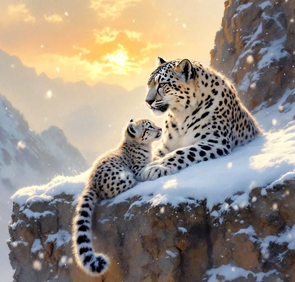 Snow Leopard Cub Sunrise Watercolour Painting