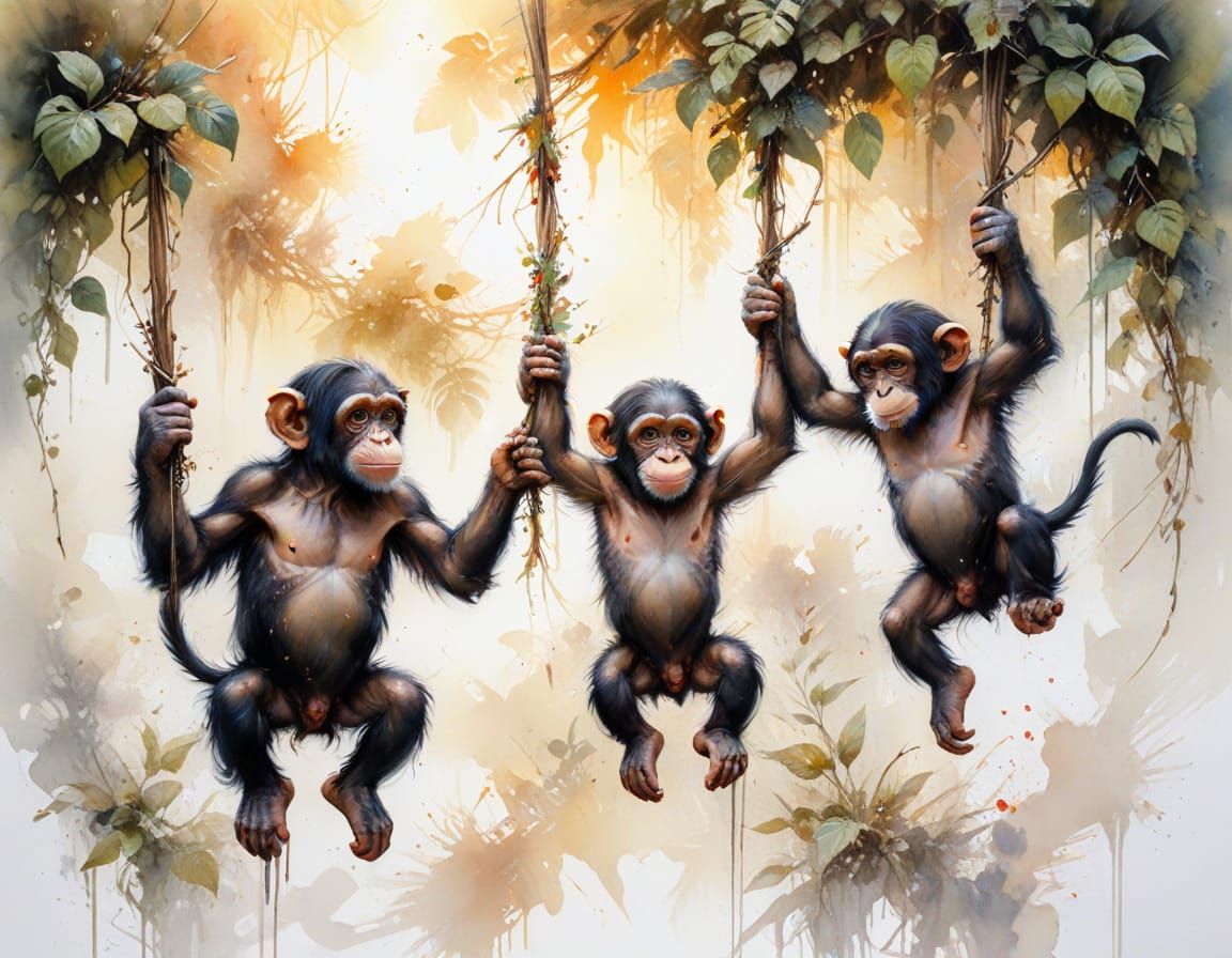 Chimpanzees Playing in Sunrise, Watercolour Style