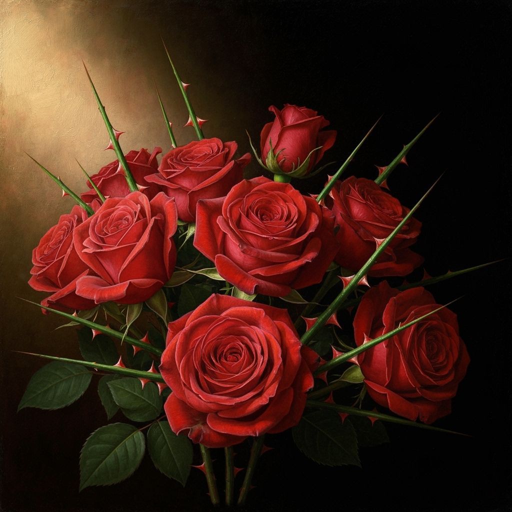 Deep Red Roses and Thorns Oil Painting