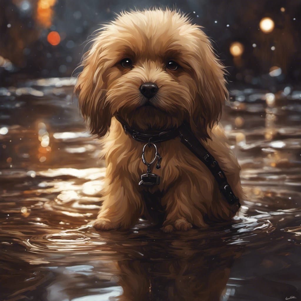 Chibi Sad Dog in Rain Puddle, 3D Render
