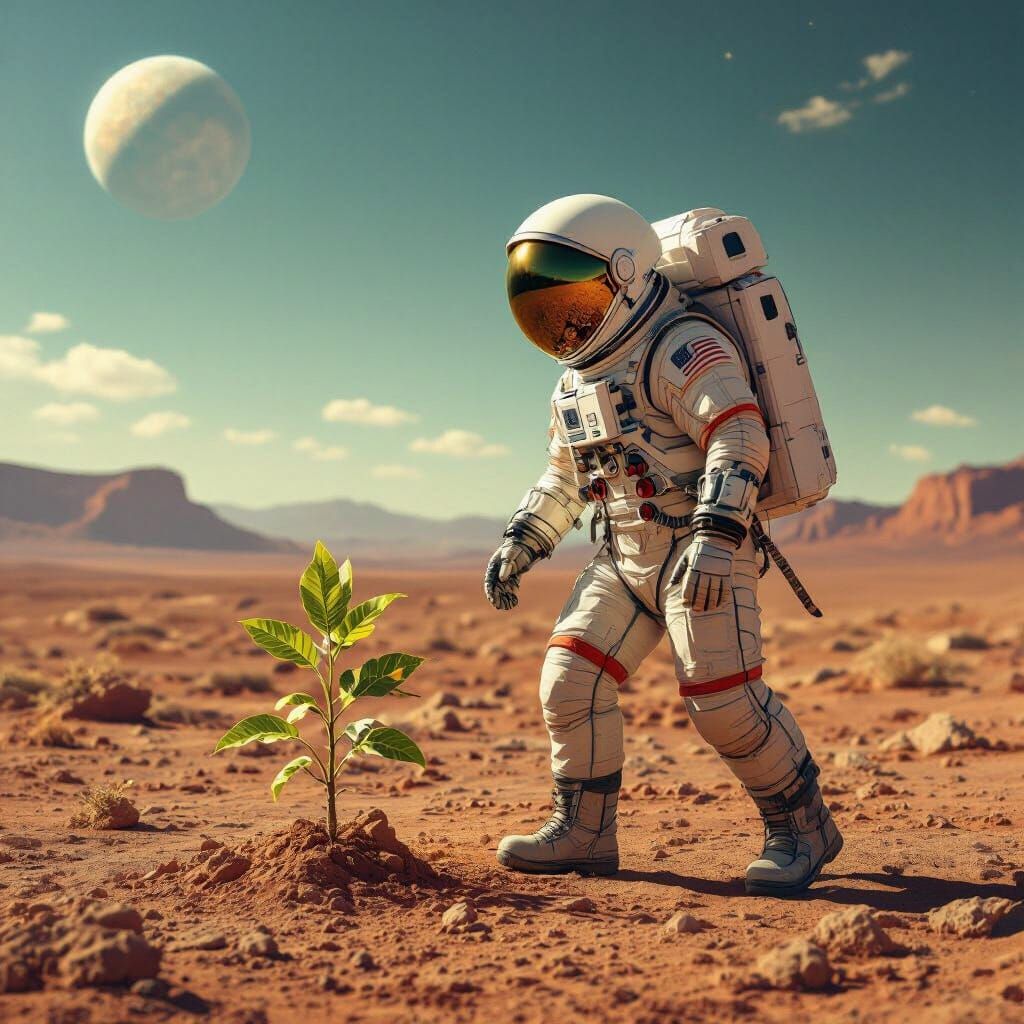 Astronaut's Botanical Transformation on Barren Planet