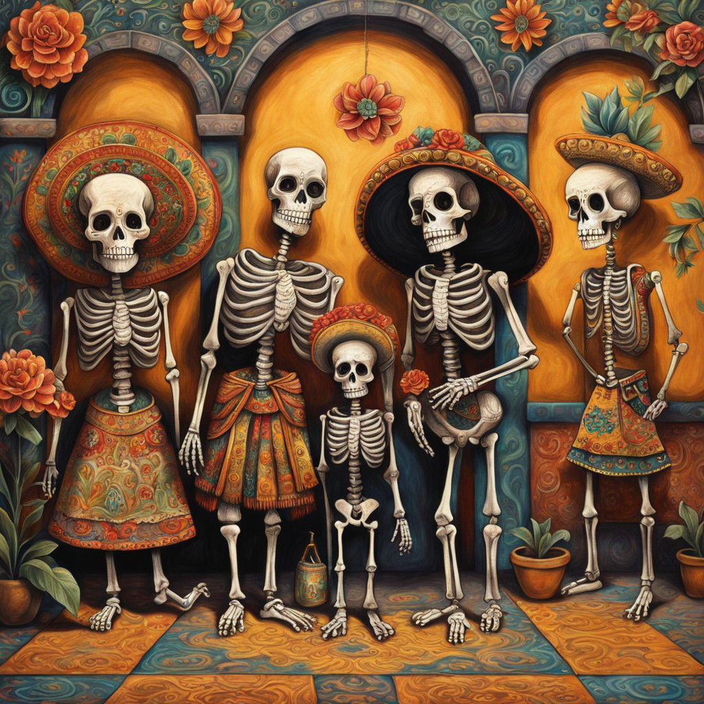 Skeletal Ancestors Gather in a Vibrant Mexican Courtyard