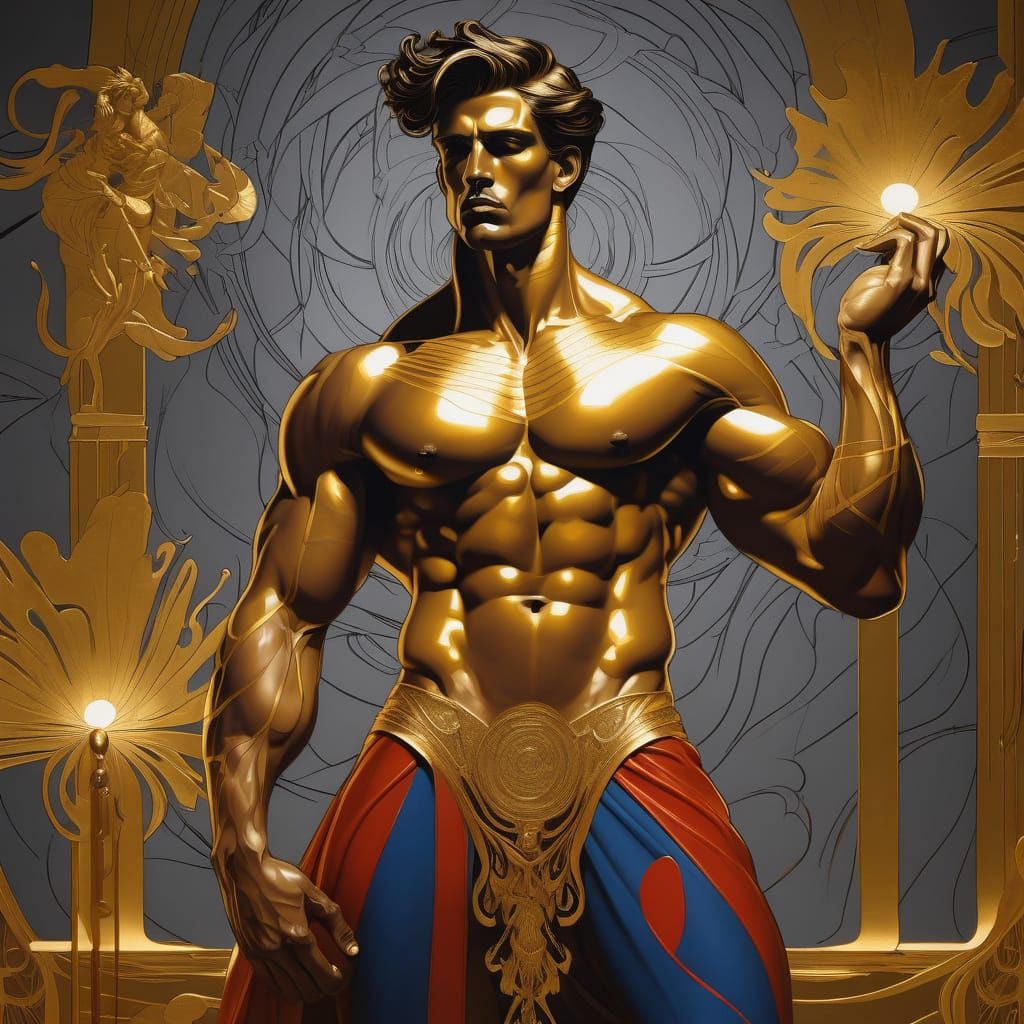 Powerful Man in Art Nouveau Ink Drawing with Gold Accents