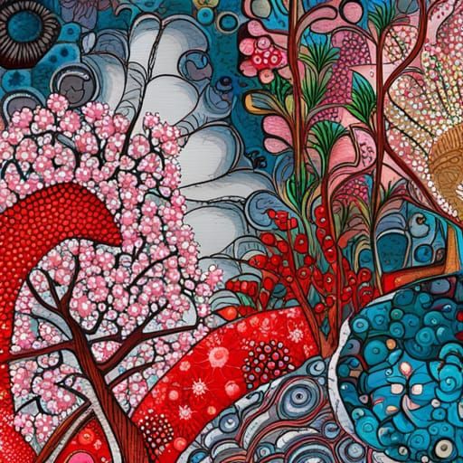 Japanese Garden with Cherry Blossoms in Mixed Media