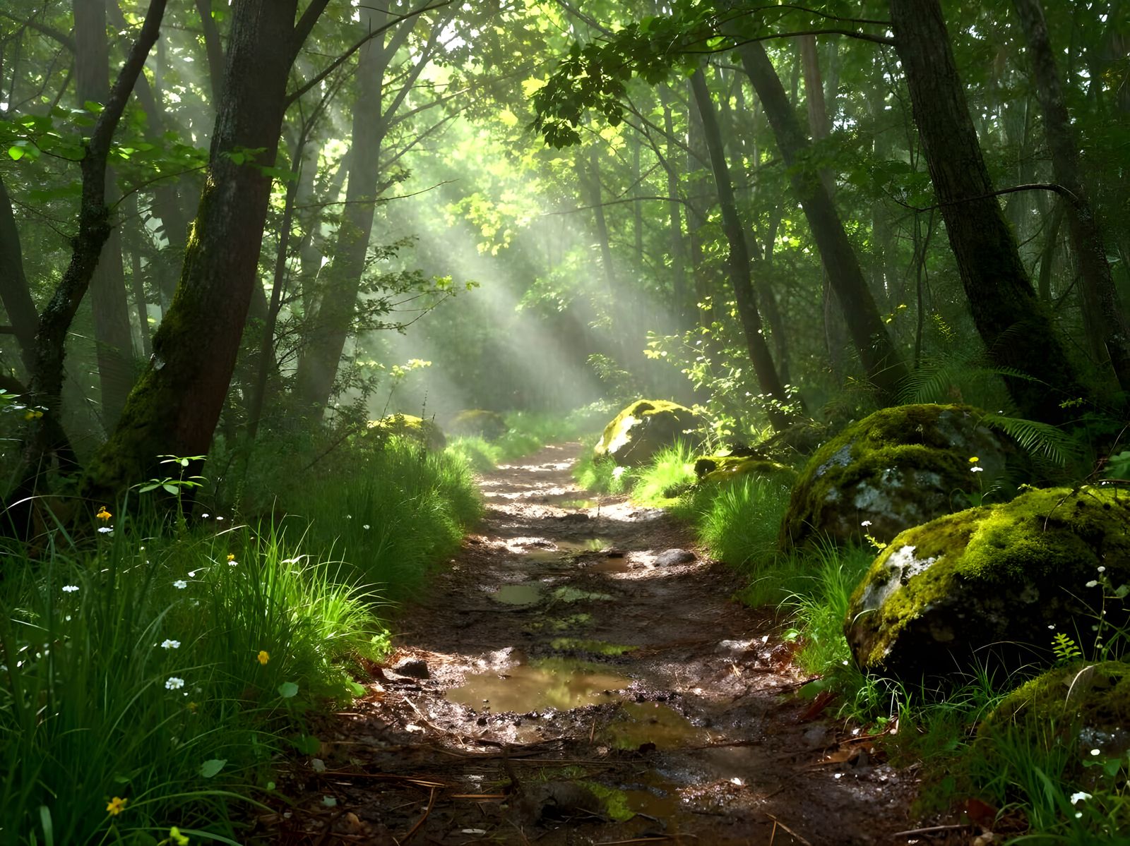 Sun-Dappled Forest Path After Rain