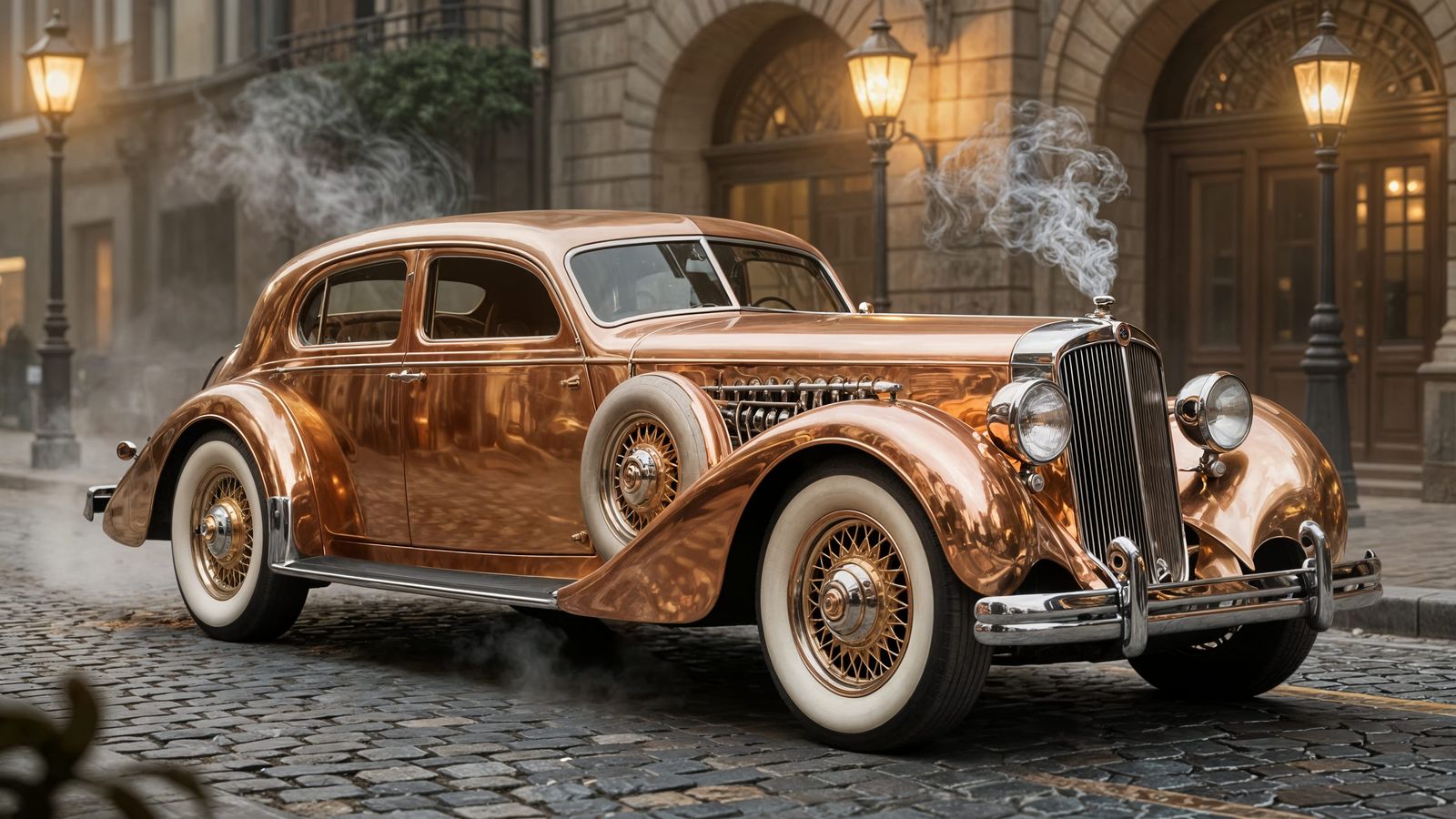 Steampunk Luxury Sedan on Cobblestone Street