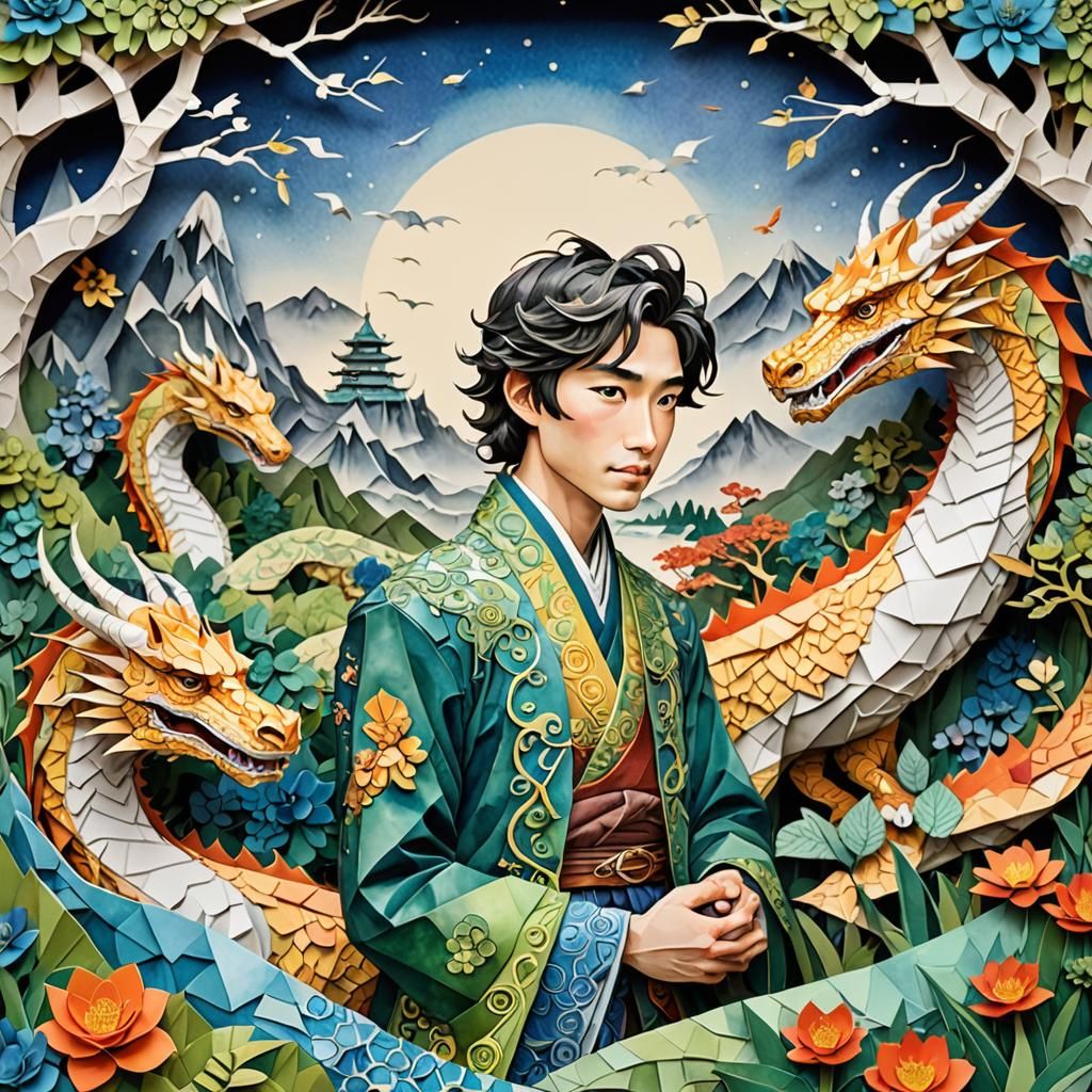 Japanese Fantasy Prince and Dragons in Kirigami Style