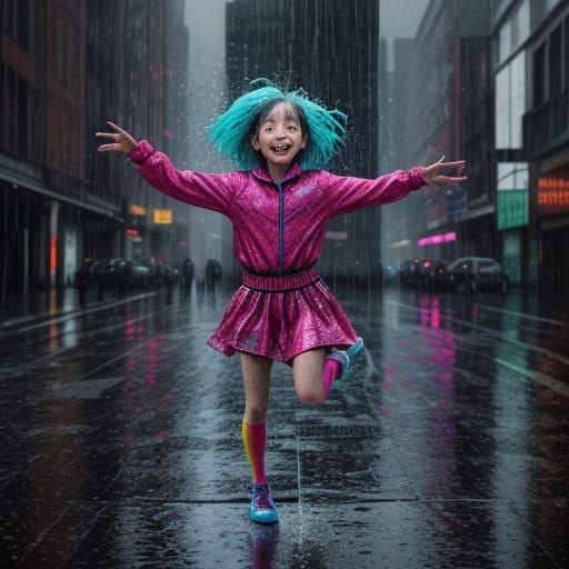 Girl Dancing in Puddles in Hyperrealistic Style