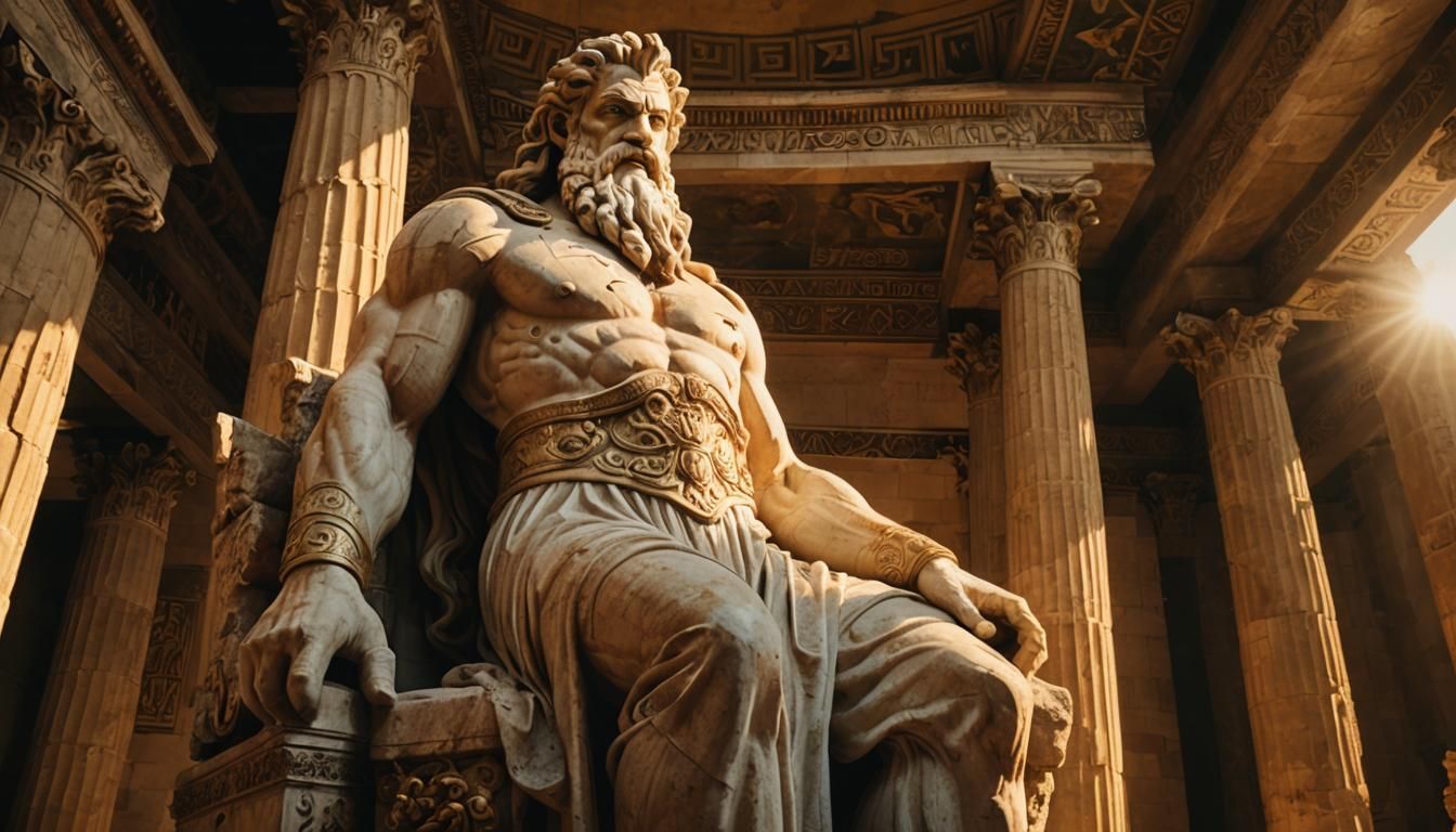 Majestic Zeus Statue in Golden Hour Lighting
