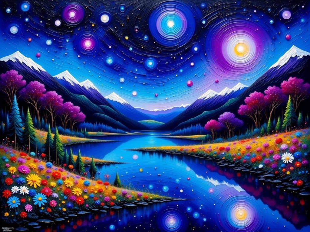 Vibrant River Reflecting Starry Sky as Impasto Painting