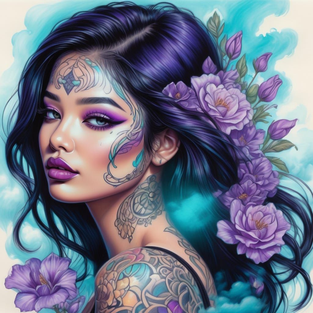 Beautiful Woman with Purple Highlights and Turquoise Eyes