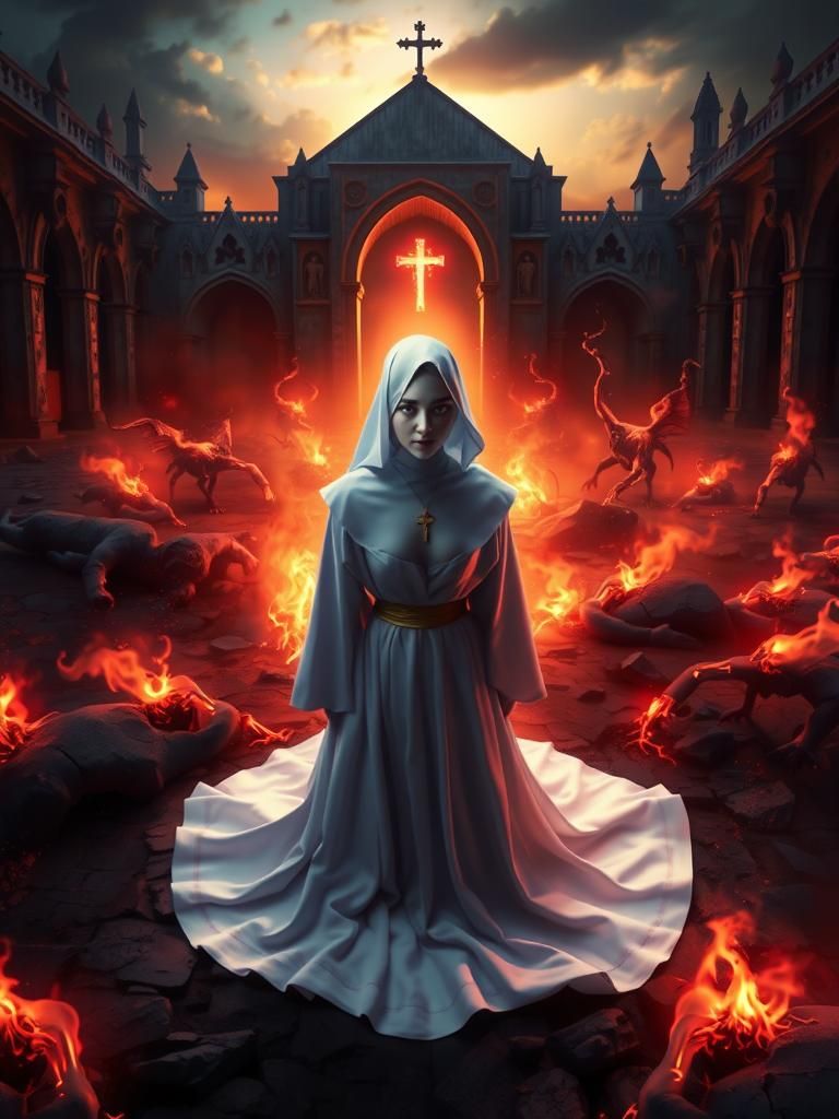 Sorrowful Nun Praying in Demonic Realm: Gothic Art