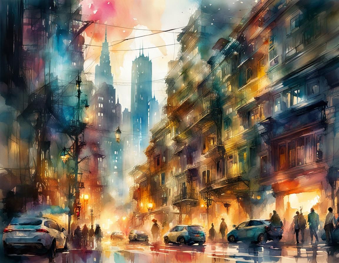 City Lights: Digital Watercolor Sunrise Illustration