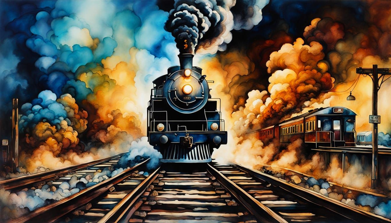 Vintage Train with Man in Alcohol Ink Style