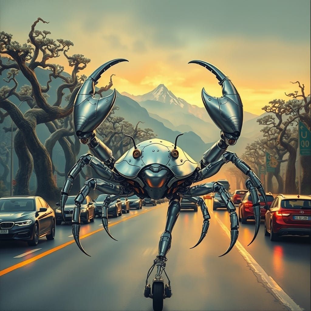 Surrealist Biomechanical Crab Robot in Futuristic Dreamscape