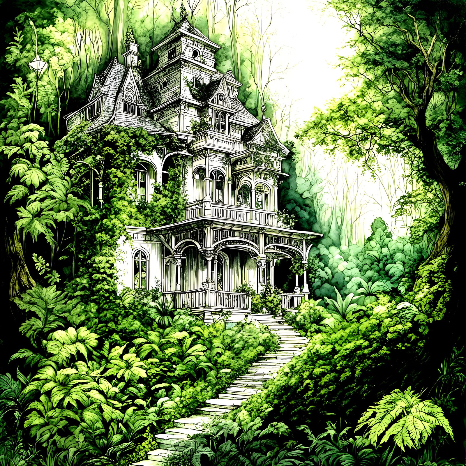 White Victorian Mansion Overgrown With Forest and Plants