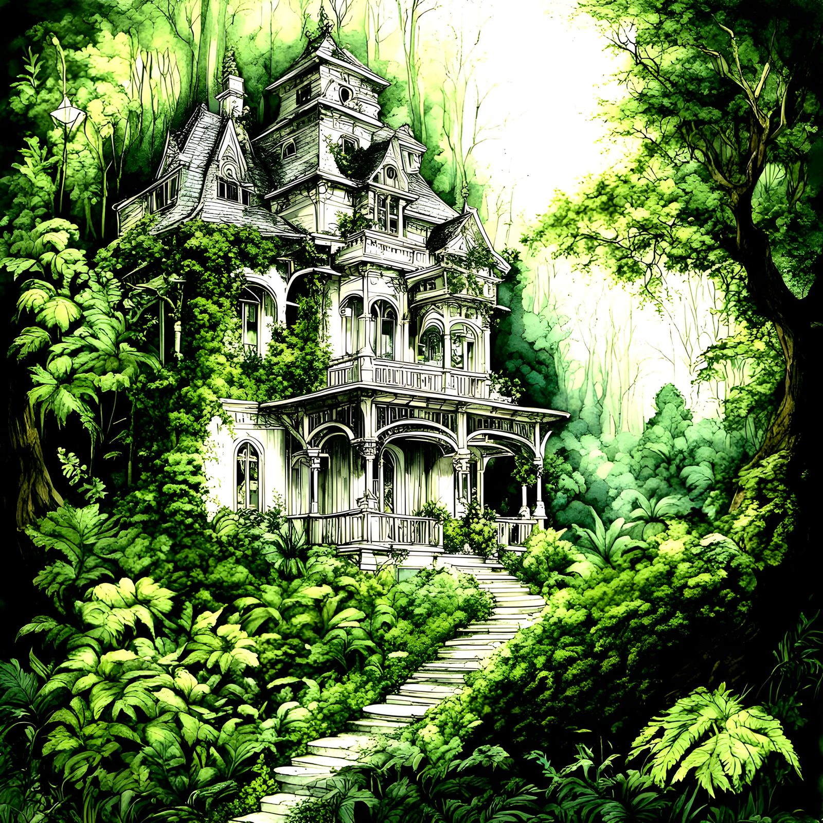 White Victorian Mansion Overgrown With Forest and Plants