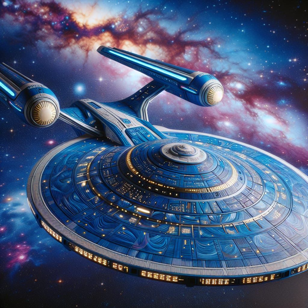 Federation Starship with Flames in Deep Space