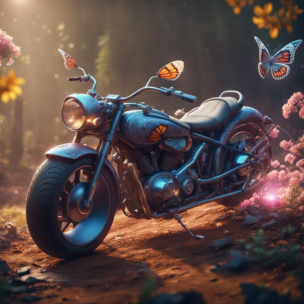 Butterfly on Motorcycle: Detailed Fantasy Art
